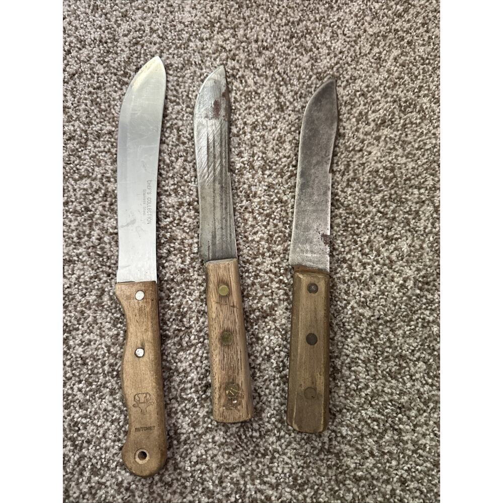 Vintage Lot Of 3 Antique Unbranded Blade Chefs Butcher Knife 2- 7” And 1-8”